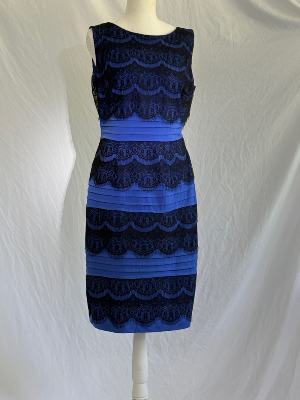 Sleeveless Midi Dress with Black Lace Overlay on Blue
